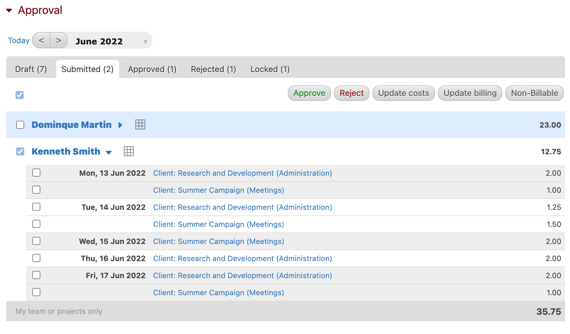 Detailed submitted timesheet