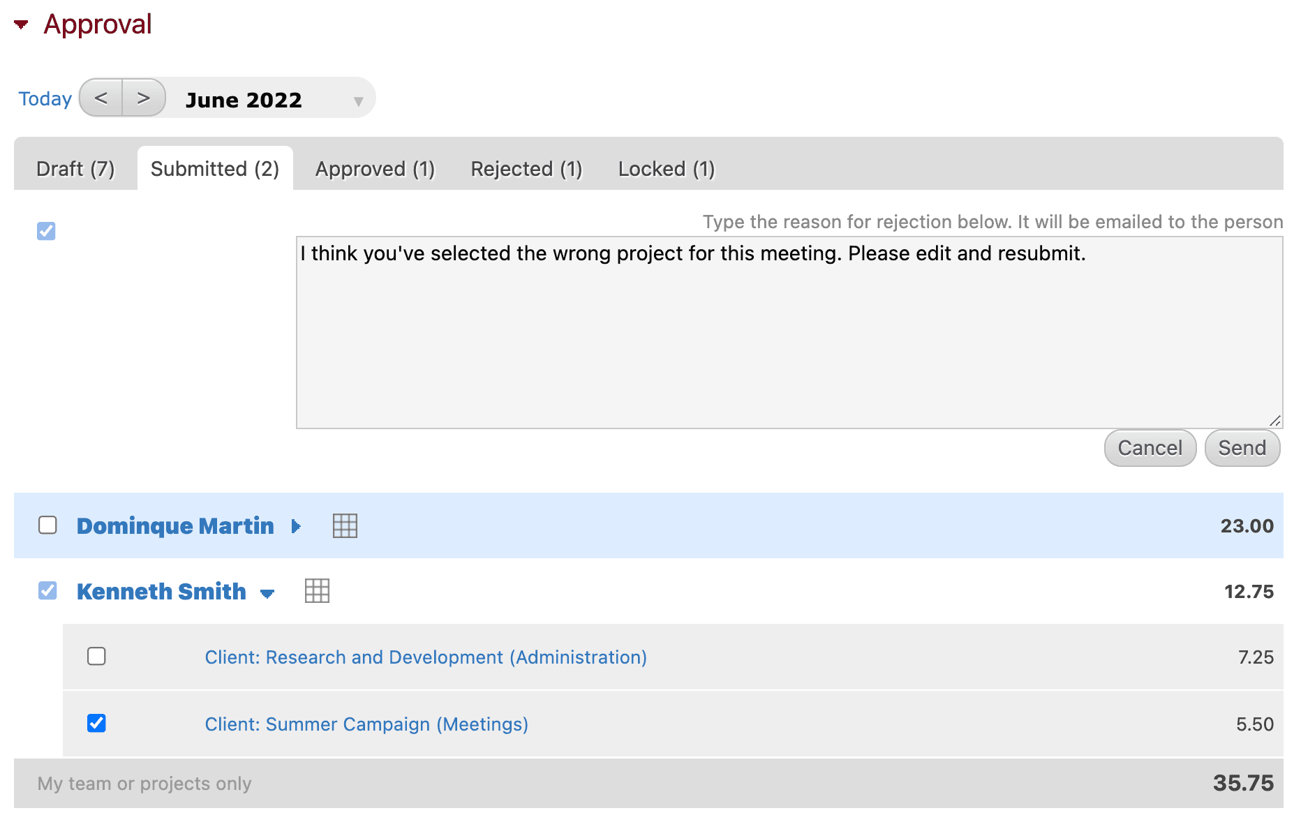 Reject employee timesheets