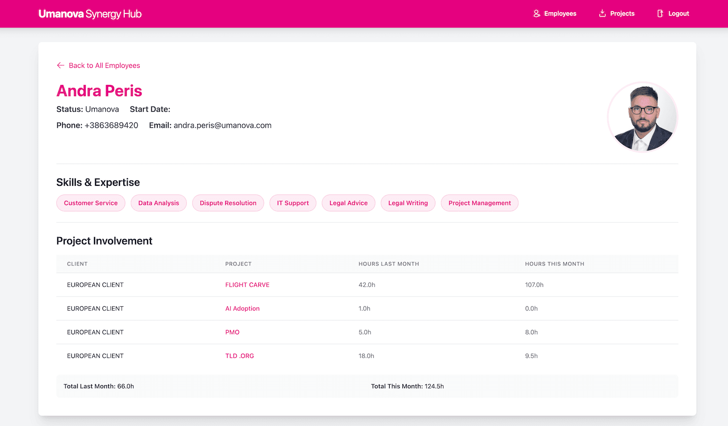 Umanova used Beebole's open API to build a custom client portal for tracking client hours
