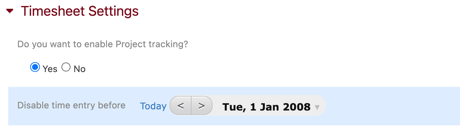 Enable project tracking and disable time entry before a certain date