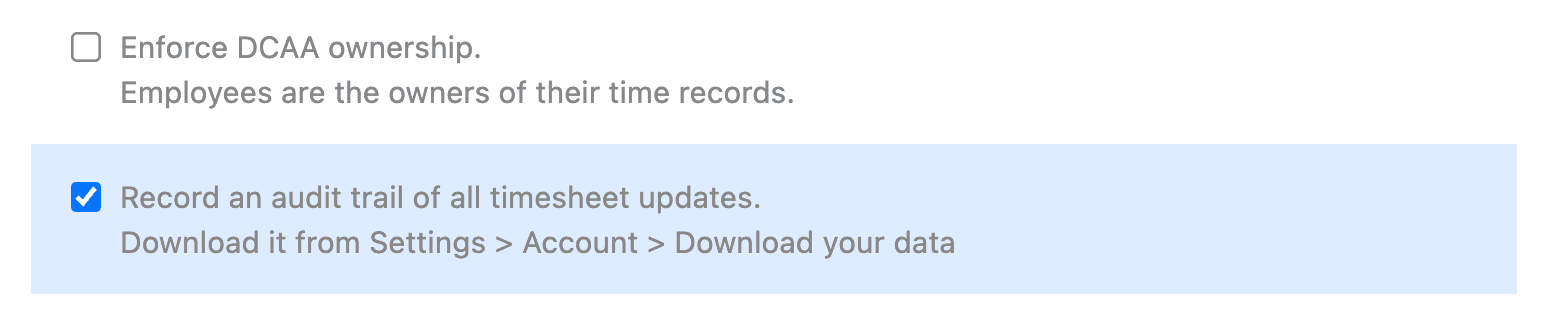 Beebole is DCAA compliant and offers companies the option to keep a record of audit trails