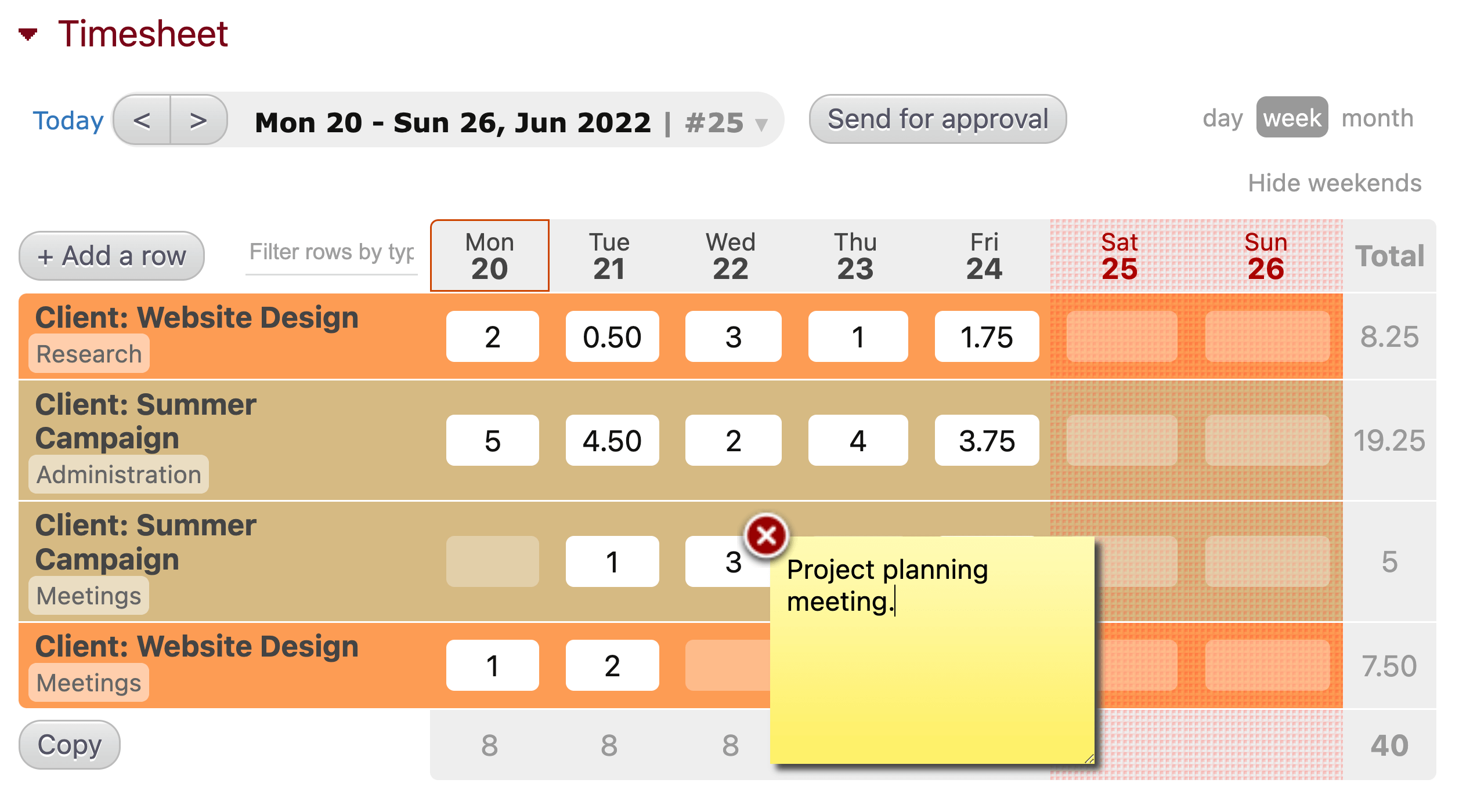 Weekly project timesheet