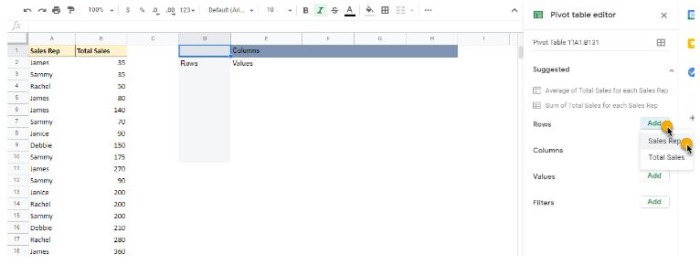 Choosing data to analyze in google sheets pivot table 1