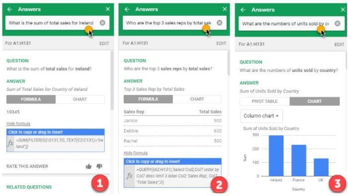 Three examples of questions and answers found through Google Sheets' Explore function