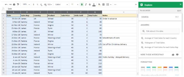 Explore offers options like Answers, Formatting, Pivot Tables, and Analysis
