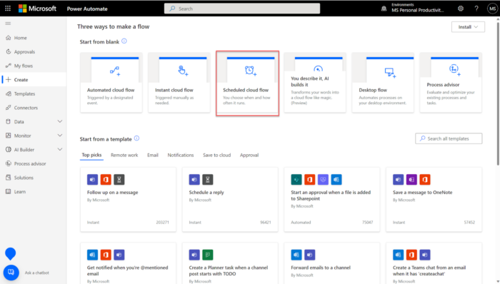 The necessary steps for setting up a scheduled cloud flow.