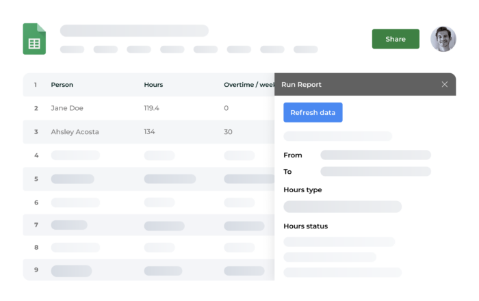 Beebole offers a Google Sheets add-on that can automatically retrieve data from Beebole.