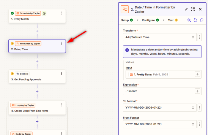 This Beebole integration via Zapier requires you to define the period in which you want to review pending time entries