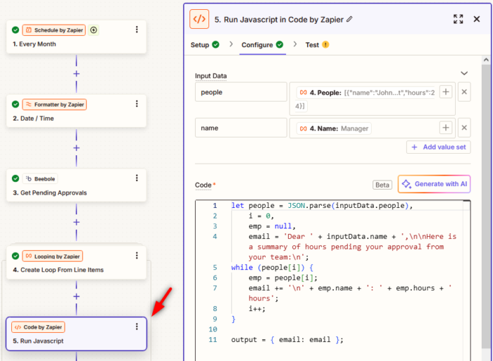 To finalize this Beebole integration via Zapier, we've prepared a simple bit of code that helps read and prepare the email reminders
