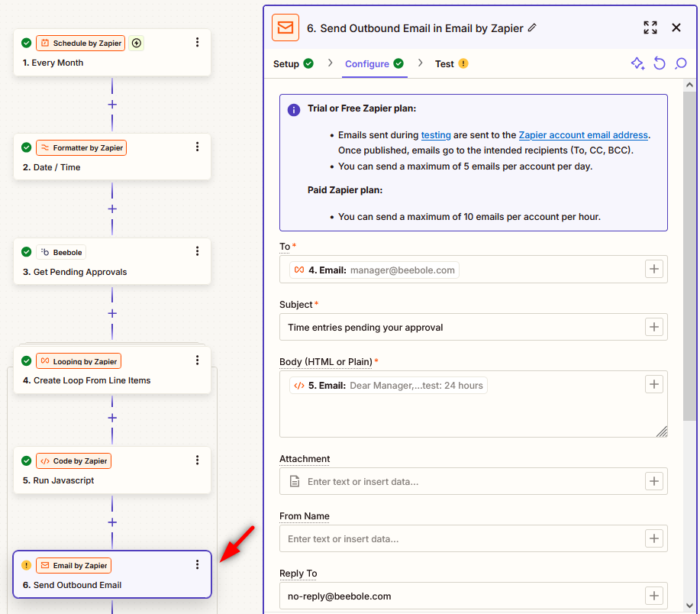 The final step in this Zapier automation to send automatic reminders to managers to approve hours