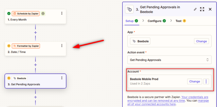 It's important to set up the integration with Zapier and Beebole to fetch the time entries