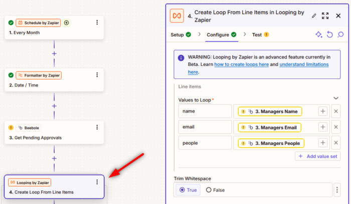For this Zapier-Beebole integration, you need to create loop from line items in order to sort manager data