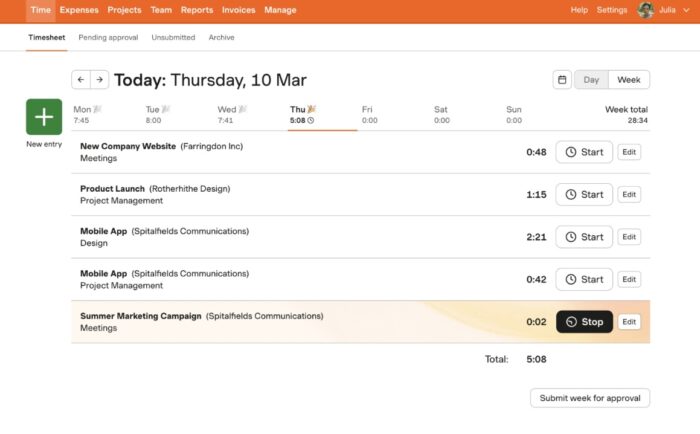 A screenshot of Harvest, a tool used for project time tracking