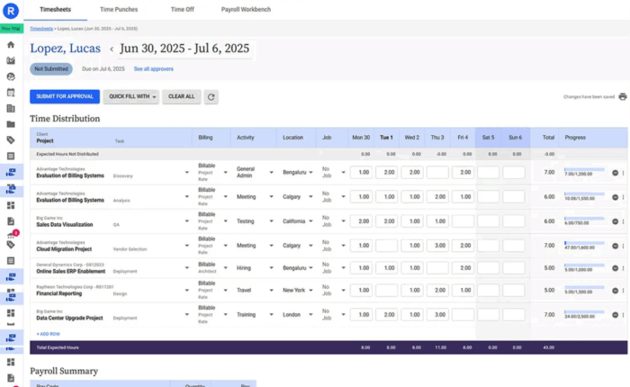 Screenshot of project time tracking tool in Replicon