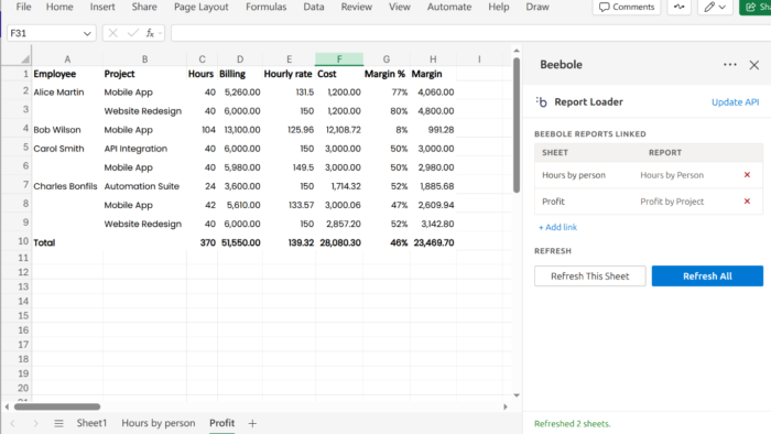 Screenshot of the Beebole add-in for Excel