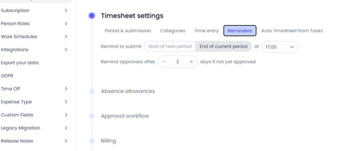 Automated timesheet reminders and templates for managers 3 Beebole's general timesheet settings let you choose when to remind approvers to approve timesheets