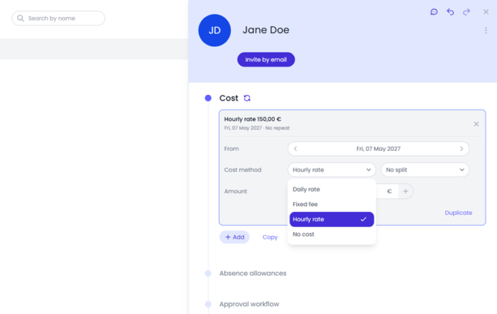 Setting employee costs in Beebole is simple, and here you can see that you can choose a cost method of daily rate, fixed fee, hourly rate, or no cost