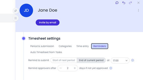 Automated timesheet reminders and templates for managers 4 Under people in Beebole, you can choose when to remind them to submit their timesheets, as as when to remind the approvers
