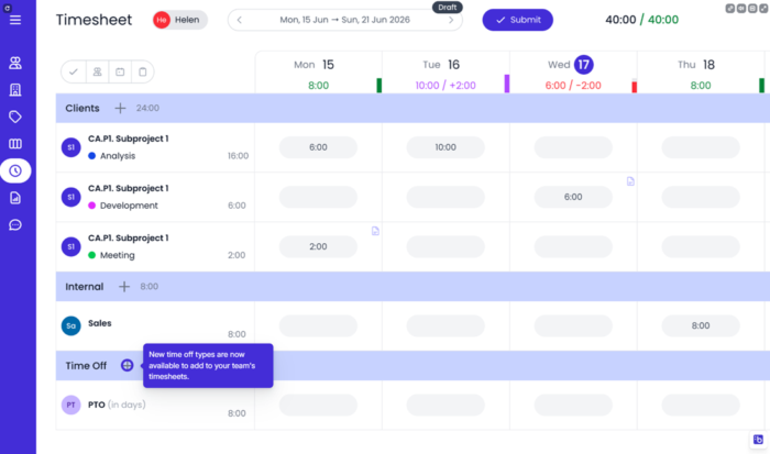 Time off shows up directly in Beebole's timesheets