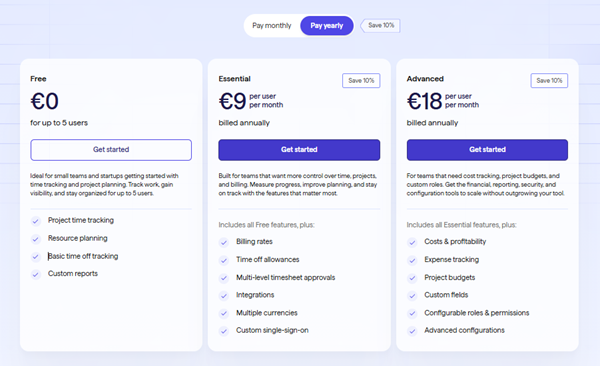 Beebole pricing has three tiers: Free ($0), Essential ($9 per user per month) and Advanced ($18 per user per month) when billed annually