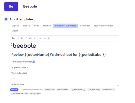 A look at the email templates available in Beebole's settings