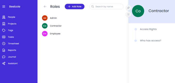 Roles are completely customizable, so you can add contractor and employee to keep track of both types of workers