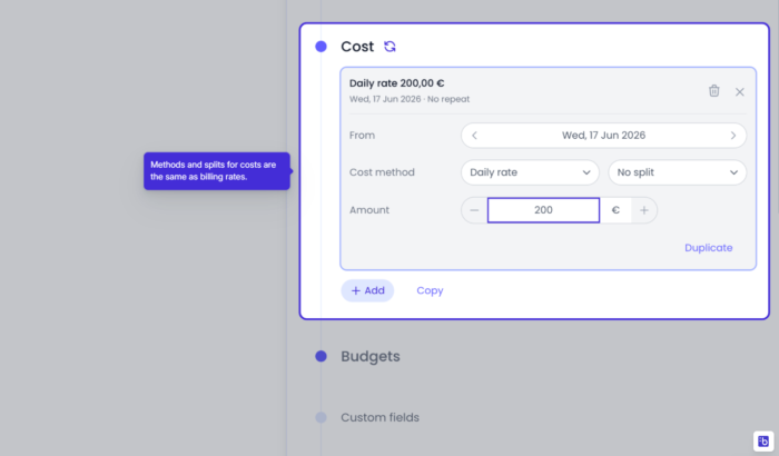 Setting up costs in Beebole couldn't be simpler; you simply choose a method and amount
