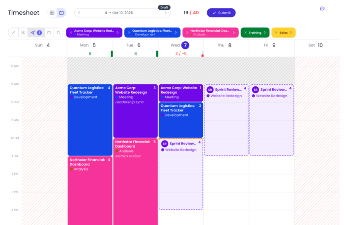 Beebole timesheet with planned work shown as suggested time entries ready to accept, edit, or dismiss