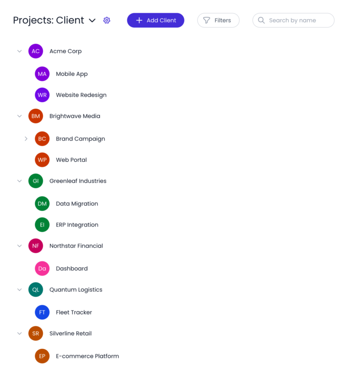 Beebole uses a flexible hierarchy; here you can see the Client category with two clients expanded into their projects