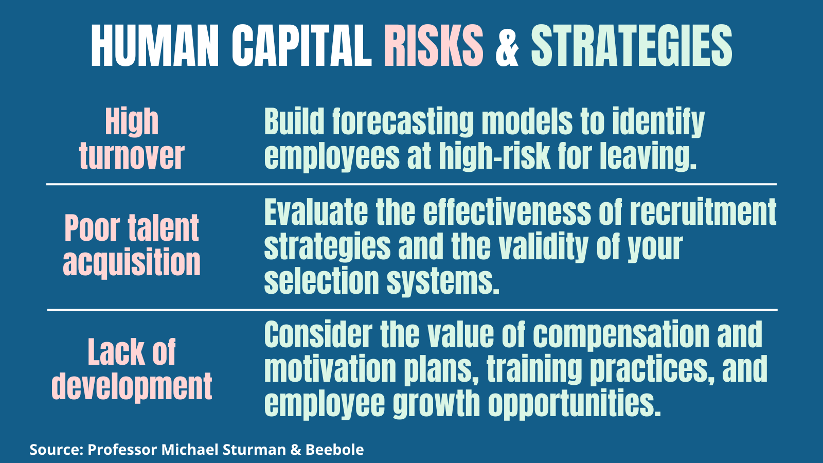 High turnover, poor talent acquisition, and lack of development are three human capital risks,.