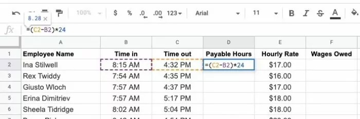 calculating payable hours with spreadsheet for human resources