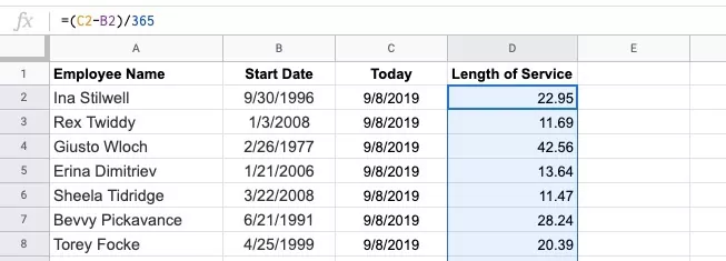 how to find employees' years of service using google sheets for human resources