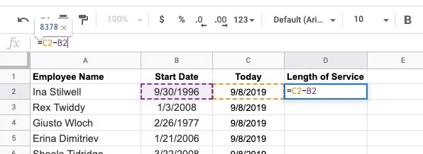 Looking at length of service using google sheets for human resources