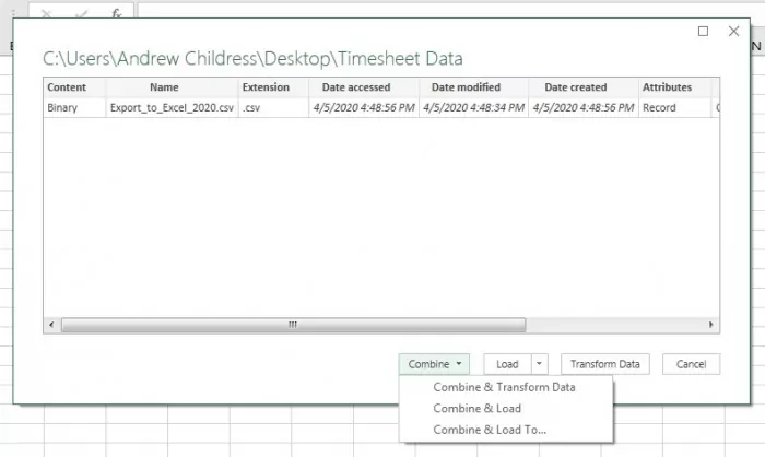 This step ensures Excel will automatically roll together all timesheet data that you keep in the folder for your time tracking dashboard.