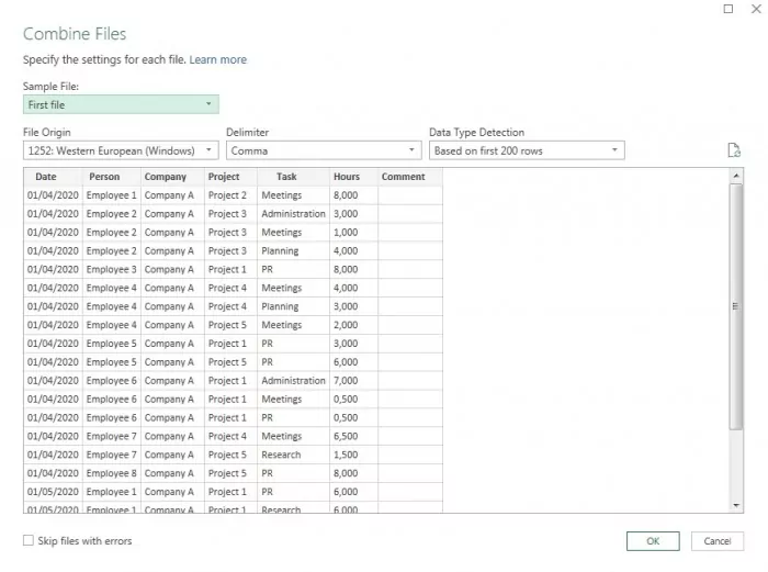 Excel will show you a preview of the data rows included in your time tracking dashboard.