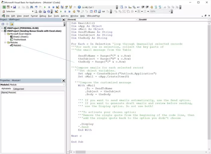 Adding code to your VBA project Module in order to automate sending emails