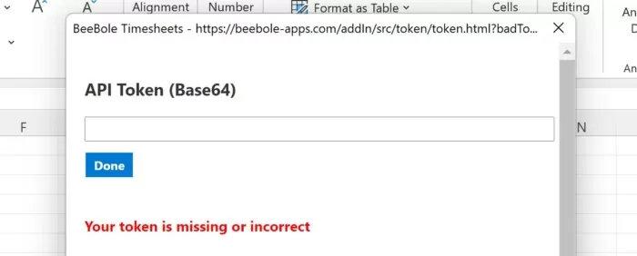 The screen prompts you to include the API Token (Base64), which you can grab from your Beebole account.