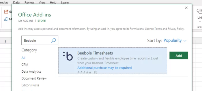 Click the official Beebole Timesheets Add-in for Excel, and click Add.