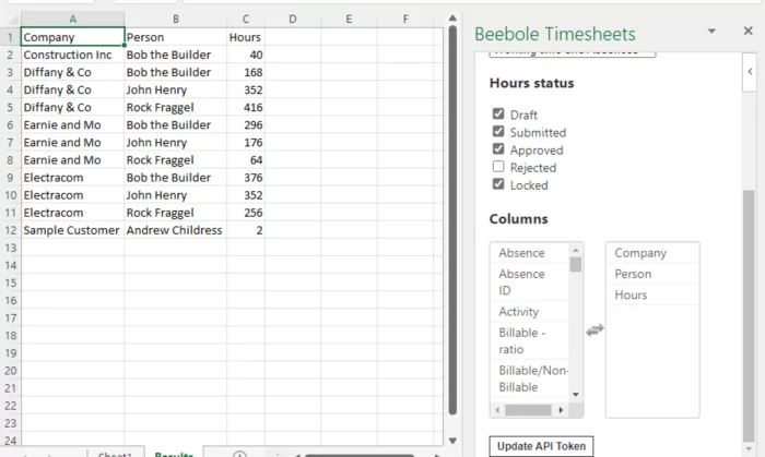 The Beebole add-in for Excel makes modifying the fields pulled from Beebole quite easy.