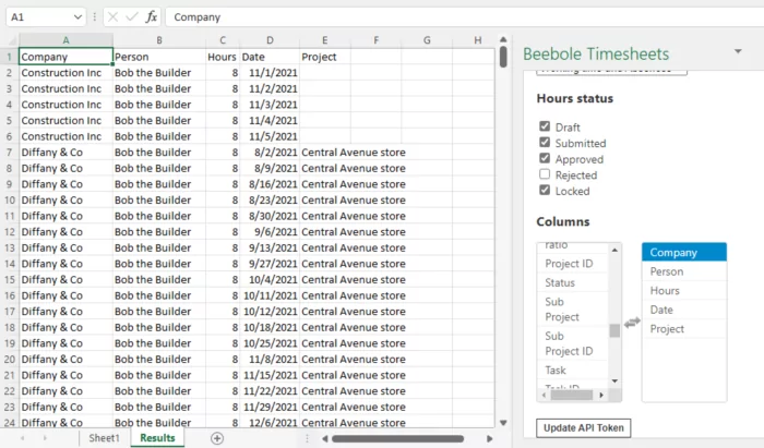 Here we've moved more fields to the right side. Once you hit Refresh, you'll see the data appear in the spreadsheet.