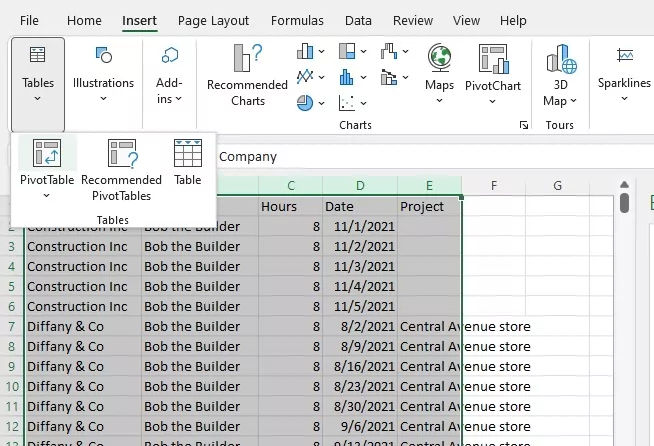 An Excel PivotTable helps us analyze the Beebole Timesheet data easily.