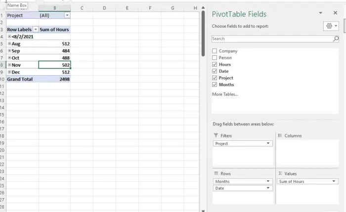 An example of a PivotTable report built with timesheet data using the Beebole add-in for Excel.