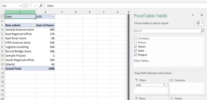 The magic of a PivotTable is that you can easily drag and drop fields to create the report you want. Here you can see each project in its own row.