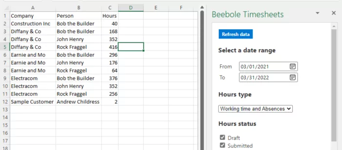 Once you hit refresh data, you'll see your timesheet data pulled into the spreadsheet.