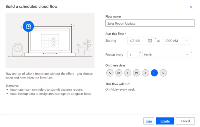 The details of setting up a scheduled cloud flow in Power Automate.