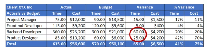 Project cost control made easy: Mastering budget to actual variance analysis 13 When analyzing budget vs. actuals, you can find discrepancies like this example shows, where there was more time spent than estimated