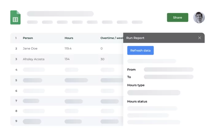 Beebole offers a Google Sheets add-on that can automatically retrieve data from Beebole.
