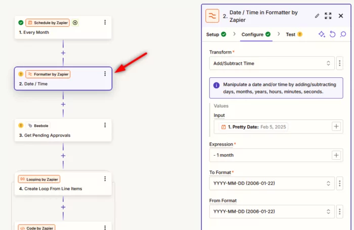This Beebole integration via Zapier requires you to define the period in which you want to review pending time entries