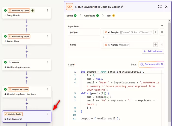 To finalize this Beebole integration via Zapier, we've prepared a simple bit of code that helps read and prepare the email reminders