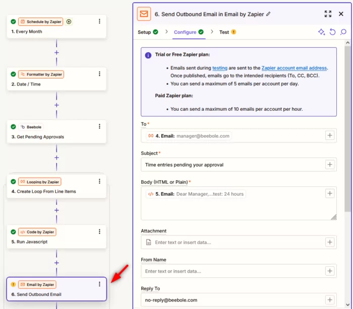 The final step in this Zapier automation to send automatic reminders to managers to approve hours